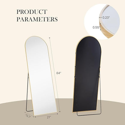 NEWBULIG Arched Mirror Full Length, 64"x21" Body Wall Mirrors with Shatter-Proof Glass, Upgraded Floor Standing Mirror, Hanging or Leaning, with Stand Aluminum Alloy Frame for Home Decor, Gold