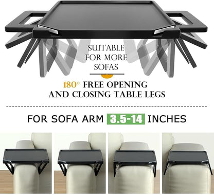 Smatdecis Couch Arm Tray Table Sofa Arm Clip, Armrest Tray Table Suitable for Home Drinks/Fast Food/Fruit Etc, Large Size Multi-Function Black(Dual Phone/Tablet Holder)