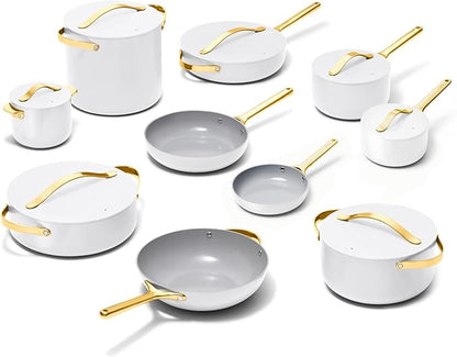 Caraway 24-Piece Nonstick Ceramic Cookware Set - Includes Fry Pans, Sauce, Sauté Pan, Dutch Oven, Petite Cooker, Stir Fry, Rondeau, Stock Pot, Lids & Storage Organizers - White