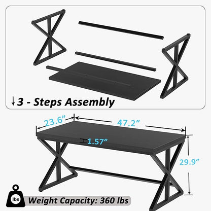 IBF Black Office Desk, Simple Wooden Computer Desks with Metal Legs, Modern Study Work Table for Student Executive, Spacious Writing Gaming Table for Home Bedroom Living Room, 47 Inch, Black Oak