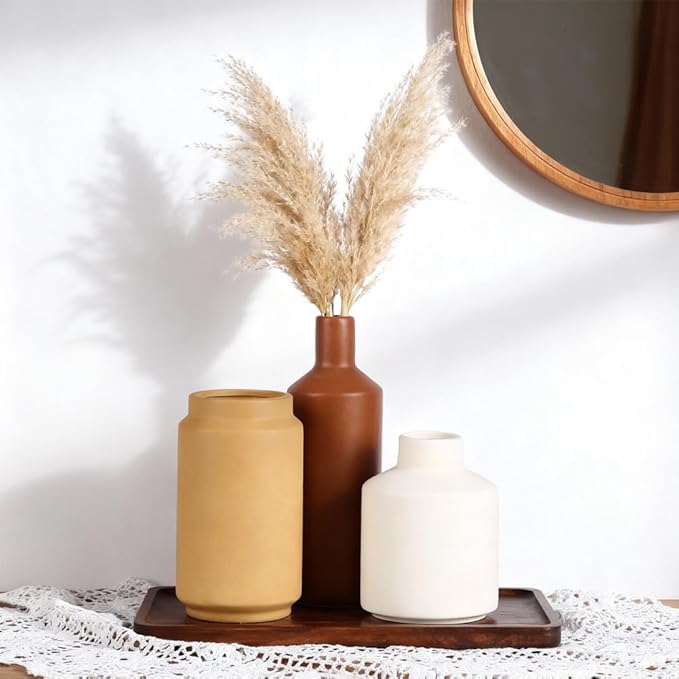 Ceramic Vase Set of 3 – Modern Decorative Vases in Matte White, Yellow & Brown, Small Flower Pottery Vase Sets, Boho Farmhouse Rustic Vases for Living Room, Kitchen, Bedroom, Bathroom, Shelf, Table