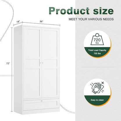 Letaya Wardrobe Closet,72" H Clothing Metal Storage Cabinet with Storage Drawer Adjustable Shelves and Hanging Rod,Bedroom Armoire Cabinet Clothes Organizer (White)