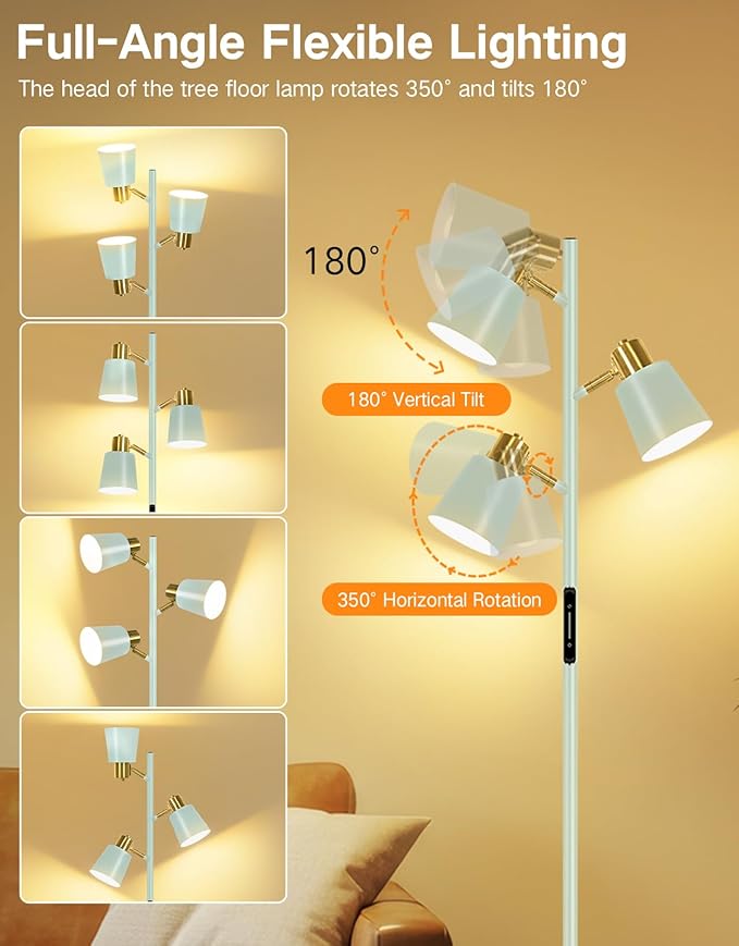OUTON LED Tree Floor Lamp, Modern Dimmable Standing Lamp with Remote & Touch Control, 4 Color Temperatures, 3 Rotatable Lights Floor Lamps for Living Room, Bedroom, Office, Teal & Gold