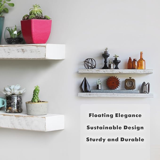 Urban Legacy Reclaimed Barnwood Planks | Floating Shelves for Wall w/Flush Mount Shelf Bracket Set Included | Set of 2 (White Wash, 48" x 7" x 2")
