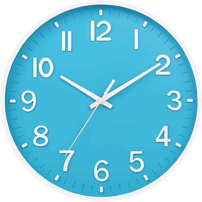 HZDHCLH Wall Clocks Battery Operated,Wall Clock Blue and White 10 inch Wall Clock Silent Non Ticking Modern 3D Numbers for Office Kitchen Classroom Bedroom Living Room Decor