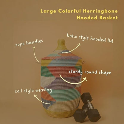 Tall Large Decorative Wicker Storage Basket with Lid, Laundry Hamper, Blanket Storage, Toys Bin, Clothes Holder, Boho Style (Colorful)