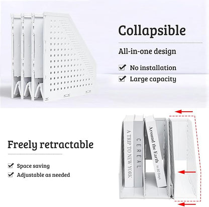 SAYEEC 2Pcs Collapsible Plastic Magazine File Holder Vertical Binder Storage Organizer for Desk Sturdy Upright Desktop Magazine Organizer Folder Rack for Office School Home (3 Compartments, Gray)