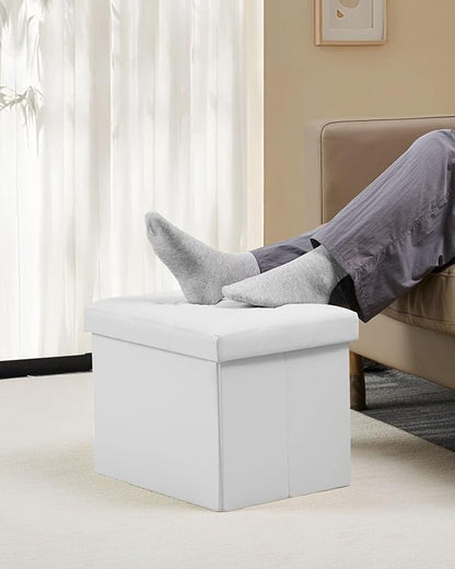 Bsketa Folding Storage Ottoman, Foot Stool with Thicker Foam Padded Seat Small Leather Storage Ottoman Bench Foot Rest for Living Room Foldable Coffee Table 17x13x13in,White