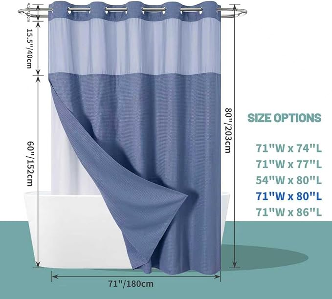 MoonLightBlue Long No Hook Waffle Weave Shower Curtain with snap-in Liner Replacement, 230GSM Waterproof Fabric Hotel Shower Curtain Set for Bathroom, Through Mesh Top Window,71Wx80H