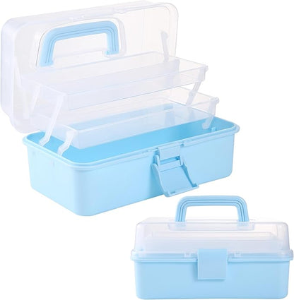 Flower River 11(in) Versatile Three-Layer Folding Organizer Box,Ideal for Art & Crafts,Toys,Sewing Supplies,Jewelry and Tools,Storage with Dual Trays,Elegant Blue
