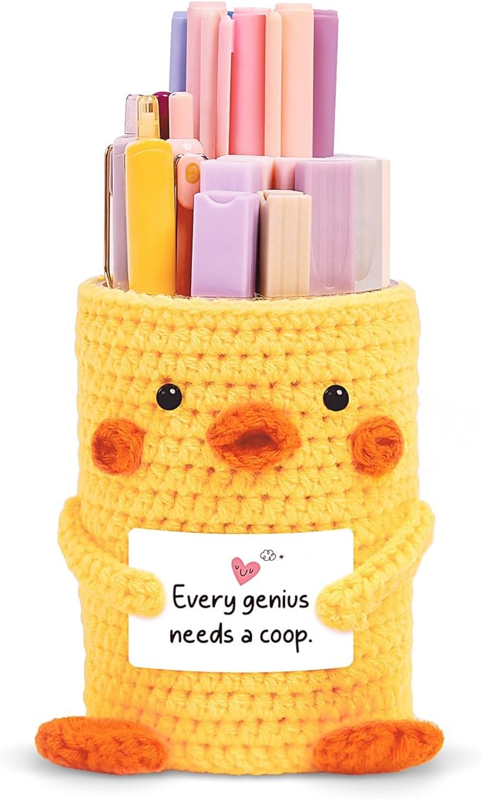 SKYDUE Crocheted Pen & Pencil Holder with Inspirational Card - Handmade Desk Organizer for Office, School, Home - Functional Desk Decor Pen Cup