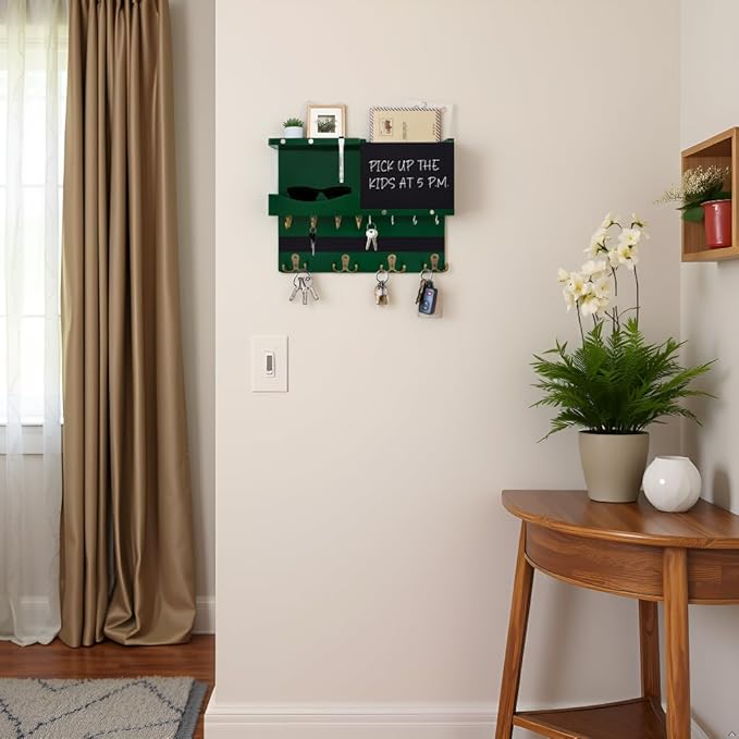 Key Holder for Wall Mount with Shelf and Mail Organizer, Key and Mail Holder with 16 Hooks, Farmhouse Entryway Organizer, Home Decor Rack (Pine Wood,Green)
