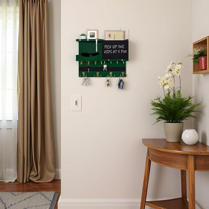 Key Holder for Wall Mount with Shelf and Mail Organizer, Key and Mail Holder with 16 Hooks, Farmhouse Entryway Organizer, Home Decor Rack (Pine Wood,Green)
