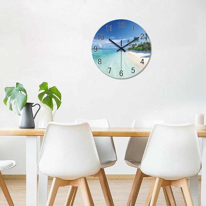 XFM Beach Coastal Wall Clocks Battery Operated 20 Inch Large Wall Clock Silent Tropical Seascape Glass Wall Clock for Living Room Bedroom Kitchen Decor