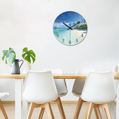 XFM Beach Coastal Wall Clocks Battery Operated 20 Inch Large Wall Clock Silent Tropical Seascape Glass Wall Clock for Living Room Bedroom Kitchen Decor