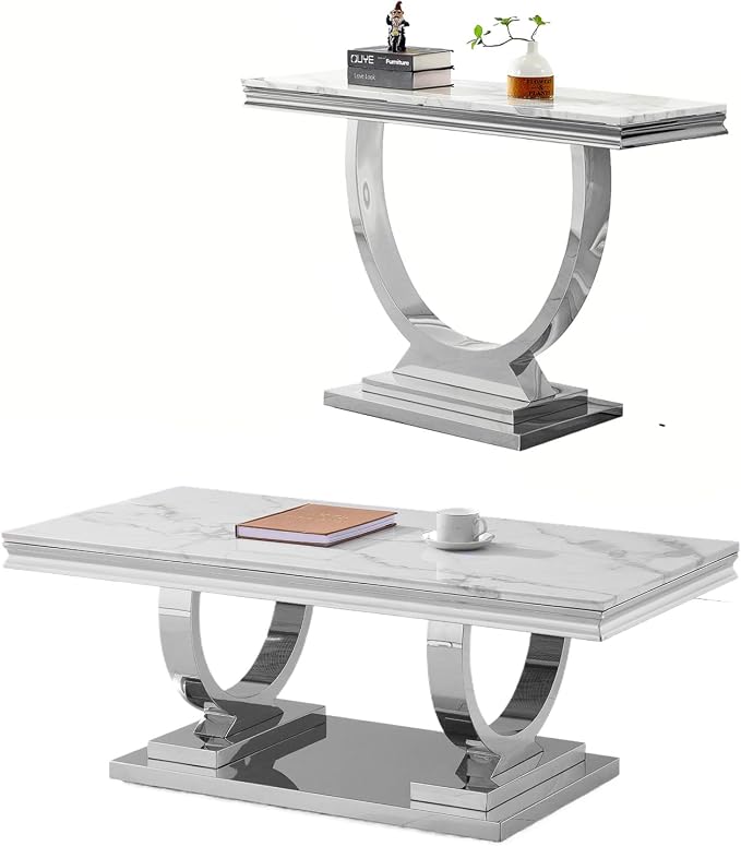 2 Piece Living Room Table Set Include 1 Faux Marble Coffee Table & 1 Console Table, Modern White Silver Coffee Table Set of 2 with Double O Shape Stainless Steel Pedestal Base