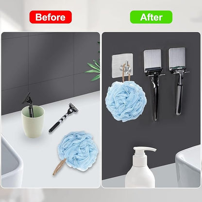 CGBE Razor Holder for Shower - 4 Packs Holder and Hooks, Self Adhesive Shaver Holder Hanger for Bathroom, Damage Free Wall Hooks for Razor Shaver Loofah Sponge