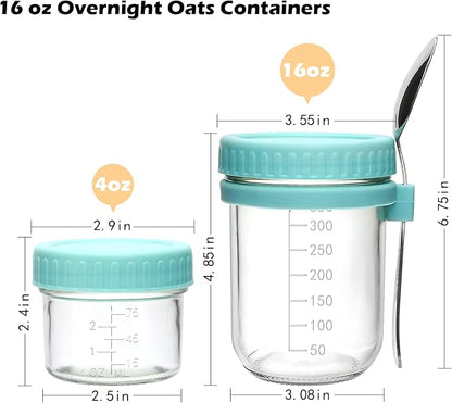 4 Pack Overnight Oats Containers with Lids and Spoons，16 Oz Glass Mason Jars for Overnight Oats Jars, Leak Proof oatmeal Container Meal Prep Jar for Cereal Salad Milk Yogurt Vegetable