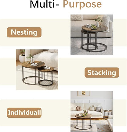 Garden 4 you Nesting Coffee Table, 23.6" Round Coffee Table Set of 2, Wooden Nesting Table with Metal Frame, Ceter Tables for Living Room Bedroom Balcony, Brown