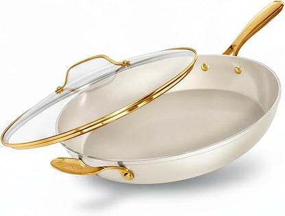 GOTHAM STEEL 14 Inch Frying Pan with Lid, Ceramic Nonstick Skillet, Non Toxic PFOA PFOS Free, Extra Large for Family, Dishwasher & Oven Safe 500°F, Cream