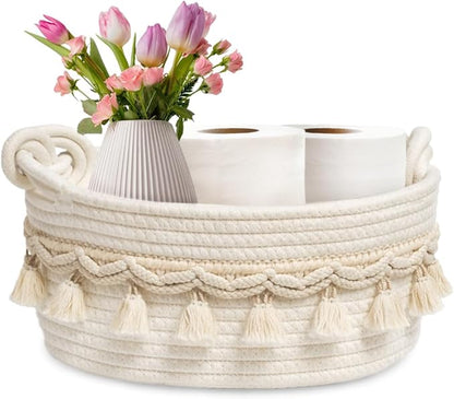 CSC - Toilet Paper Basket, Bathroom organizer, woven rope basket, Tank Top Small Baskets, tank topper, White
