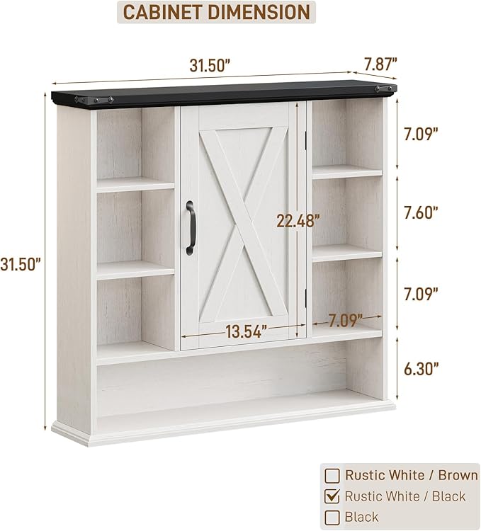 Bathroom Wall Cabinet, Farmhouse Medicine Cabinet with Adjustable Shelves and Barn Doors, Large Wall Mounted Over the Toilet Storage Cabinet for Bathroom, Laundry Room, Kitchen, Rustic White and Black