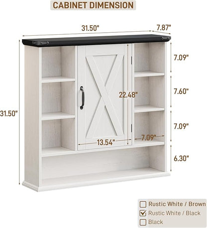 Bathroom Wall Cabinet, Farmhouse Medicine Cabinet with Adjustable Shelves and Barn Doors, Large Wall Mounted Over the Toilet Storage Cabinet for Bathroom, Laundry Room, Kitchen, Rustic White and Black