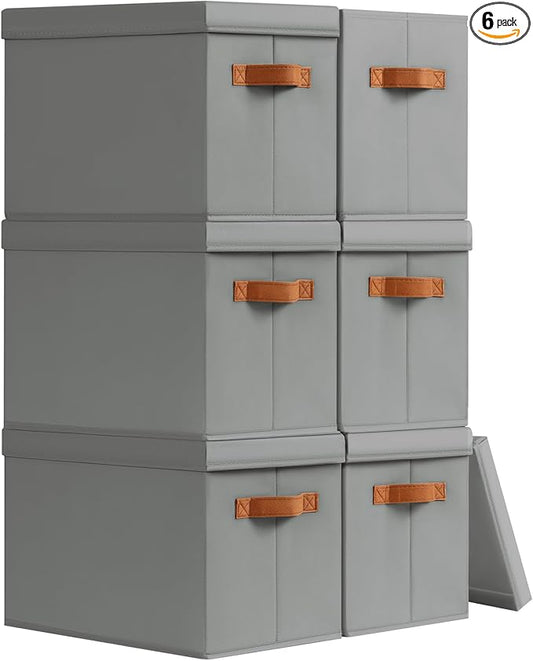 Homsorout Storage Bins with Lids - Fabric Storage Baskets for Shelves, 6 Pack Foldable Decorative Boxes with Handles, Stackable Organizer Bins for Home, Nursery, Dorm, Grey