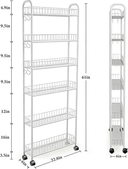 Slim Rolling Storage Cart with Wheels, 6in 6 Tier White | Narrow Space Shelving Unit, Metal Wire Mobile Organizer Rack for Kitchen Bathroom Office Laundry