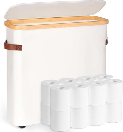 Extra Large Toilet Paper Storage Basket with Lid, 32.4L Toilet Paper Holder for Bathroom, Modern Neutral Style Holds 12–16 Rolls Waterproof & Sturdy with Leather Handles, Beige