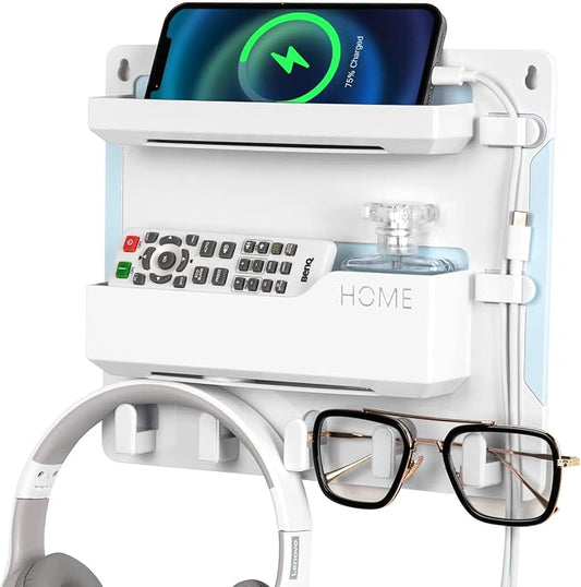 Bedside Shelf Wall Mount, Adhesive Bedside Shelf Accessories Organizer with Hooks and Cable Clips,Dorm Bedside Wall Storage for Phone, Remote, Earphone, Kindle,Plastic(White)