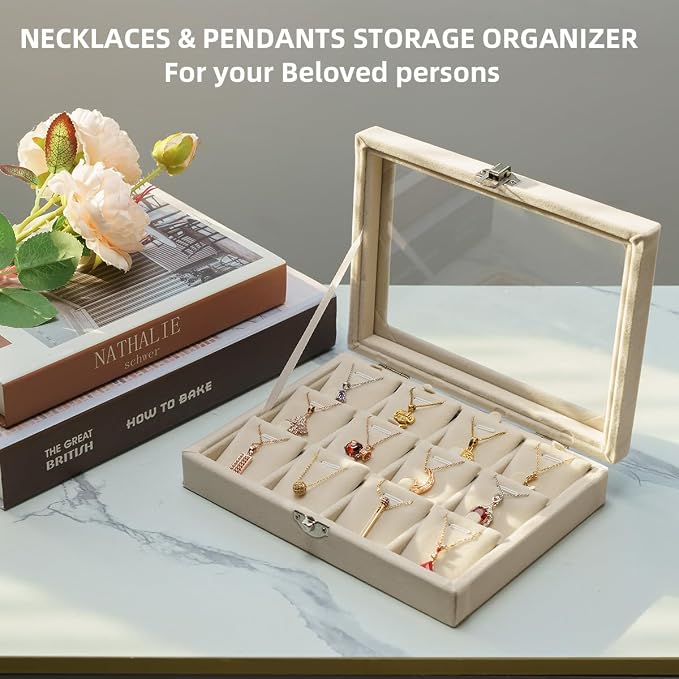 Jewelry Box Necklace Organizer Tray, Beige Necklace Display Case for Storage Jewelry Small Necklaces Display Stand 12 Slot Pendant Holder for Women