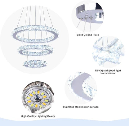 Modern Crystal Chandeliers 3 Rings Round LED Chandelier Fixtures DIY Pendant Lighting Stainless Steel Adjustable Chandelier Ceiling Light for Dining Room Bedroom Living Room (Cool White)