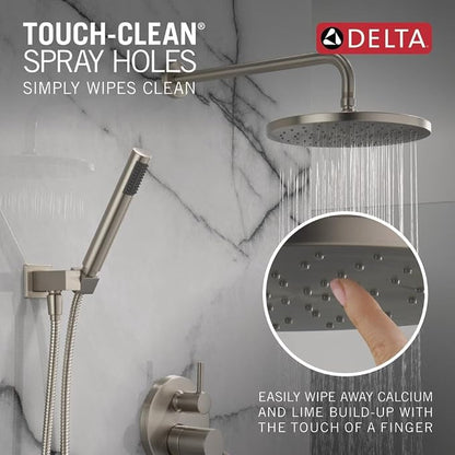 Delta Modern 14 Series Round Rain Shower System Faucet Set, Rainfall Brushed Nickel Shower Head and Handle Set, Valve Trim Kit, 10 Inch, Spotshield Stainless T342702-SP (Valve Not Included)