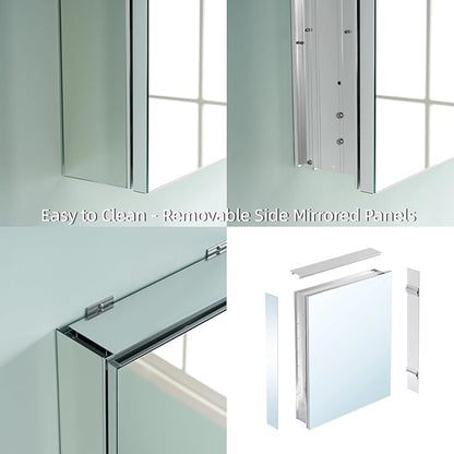 WELLFOR 64" x 36" Bathroom Medicine Cabinet with Mirror, Anodized Chrome Aluminum Frame, Surface Mount or Recessed Medicine Cabinet with Mirror, Bathroom Mirror with Storage, Three Doors