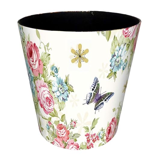 Wastebasket, 10L/2.64 Gallon PU Leather Decorative Trash Can Waterproof Paper Basket Garbage Bin for Home Office Bathroom - Rose and Butterfly