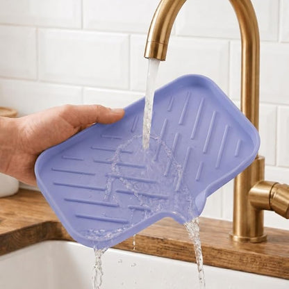 MicoYang Silicone Soap Dish with Drain Spout — Self-Draining Sink Organizer Tray for Bathroom & Kitchen, Sponges, Dispensers & Soap Holder, Non-Slip & Dishwasher Safe, Light Purple (Medium, 9.6"×5.3")