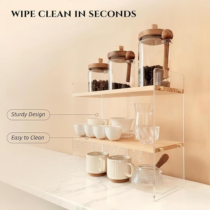 Coffee Station Organizer 2 Tier, Solid Wood Mug Shelf for Coffee Bar,Matcha Station,Tea Storage - Holds Mugs,Beans,Syrup,Cups,Tirrers (Transparent Acrylic, 15.4" L x 5.7" W x 13.4" H)