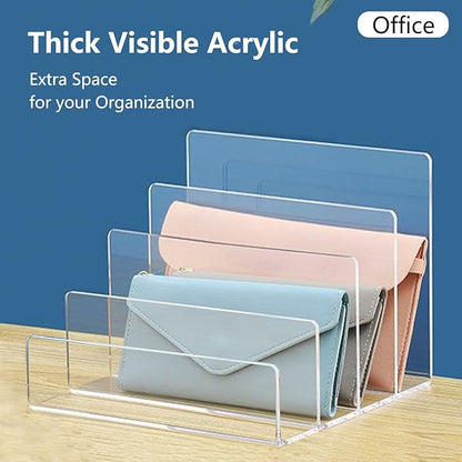 Acrylic File Organizer, 4Sections Clear Desk Organizer for Home Office, Desktop File Folder, Acrylic Mail Organizer Countertop for Notebook, Document and Paper, Clear File Holder,1Pcs