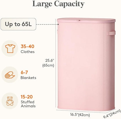 Lifewit Slim Laundry Basket with Lid, Narrow Large Laundry Hamper with Plastic Handles and Removable Bag, Tall Foldable Dirty Clothes Hampers for Laundry Room, Bedroom, Bathroom, Dorm, 65L Pink