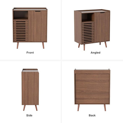 Storage Cabinet with slatted Door, Tilt Out Trash Can Cabinet for 10 Gallon Wooden Dog-Proof Recycling Bin with Hidden Laundry Basket for Kitchen Island and Dining Room, Walnut