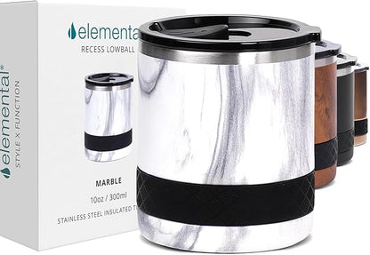 Elemental Recess Lowball Tumbler, 10oz Triple Wall Stainless Steel Cup with Non-Shattered Tritan Lid, Insulated Whiskey Glass, Insulated Coffee Tumbler Mug for Hot & Cold Drinks - White Marble