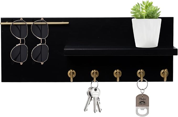 SANY DAYO HOME Real Wood Key Holder Rack Wall Mount 16 x 6 inches Black Entryway Shelf with 5 Gold Hooks, Metal Sunglass Bar, and Floating Board for Keychain, Purse
