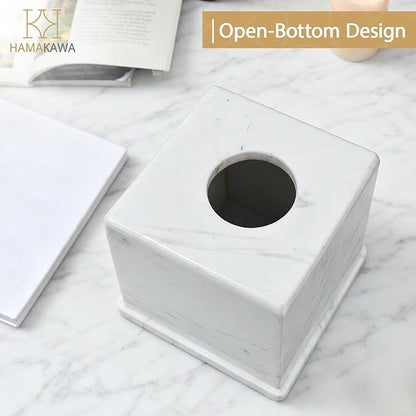 HAMAKAWA Natural Marble Tissue Box Cover, Volakas White Tissue Organizer 6 x 6 x 5.7 inch, Heavy Stone Decorative Box, Square Tissue Box Holder for Home Decor, Kitchen, Bathroom, Bedroom
