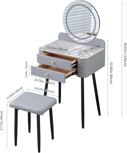 Makeup Vanity with Round Mirror,Light,Two Drawers,Cushioned Stool Set.Small Dressing Table for bedrooms and Dressing Rooms.Grey