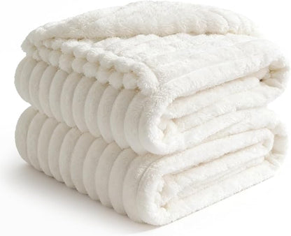BEDELITE Blankets Queen Size for Bed, 300GSM Soft & Warm Fleece Blanket, Decorative and Giftable Striped Cream White Blankets for Women, Men, 90"x90"