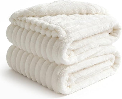 BEDELITE Full Size Blanket for Bed, 300GSM Soft & Warm Fleece Cream White Blanket, Decorative and Giftable Striped Blankets for Women, Men, 84"x90"