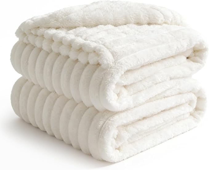 BEDELITE King Size Blanket for Bed, 300GSM Soft & Warm Fleece Blanket, Decorative and Giftable Striped Cream White Blankets for Women, Men, 108"x90"