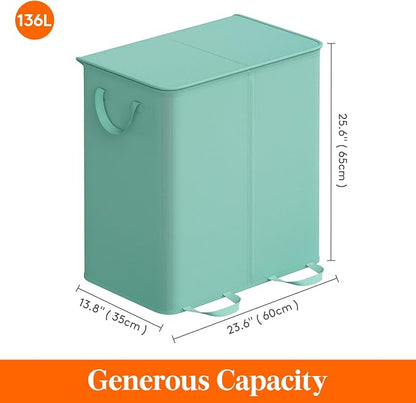 Lifewit Double Laundry Hamper with Lid and Removable Laundry Bags, Large Collapsible 2 Dividers Dirty Clothes Basket with Handles for Bedroom Laundry Room Closet Bathroom College, 136L Sage Green
