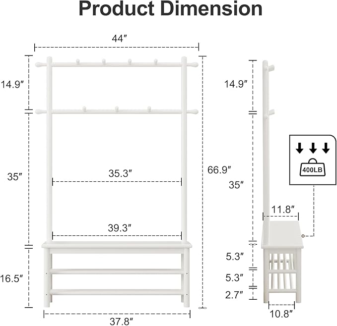 AQIMUELE Coat Rack with Shoe Storage, Wooden Hall Tree with Bench, 11 Hooks and 2-Tier Storage Shelves, 3-in-1, Entryway Bench with Coat Rack (39.3"-Deep White)